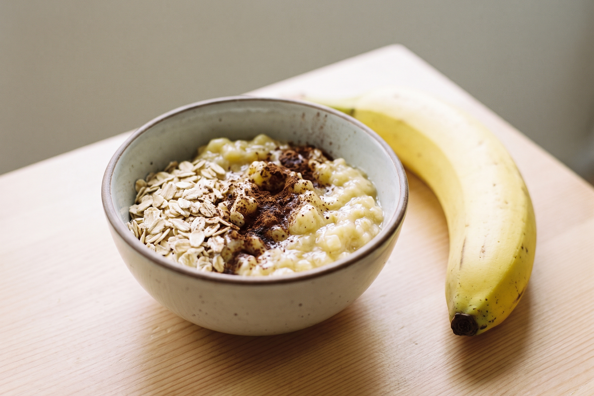 Bowl of banana carob oatmeal snack with rolled oats and a banana