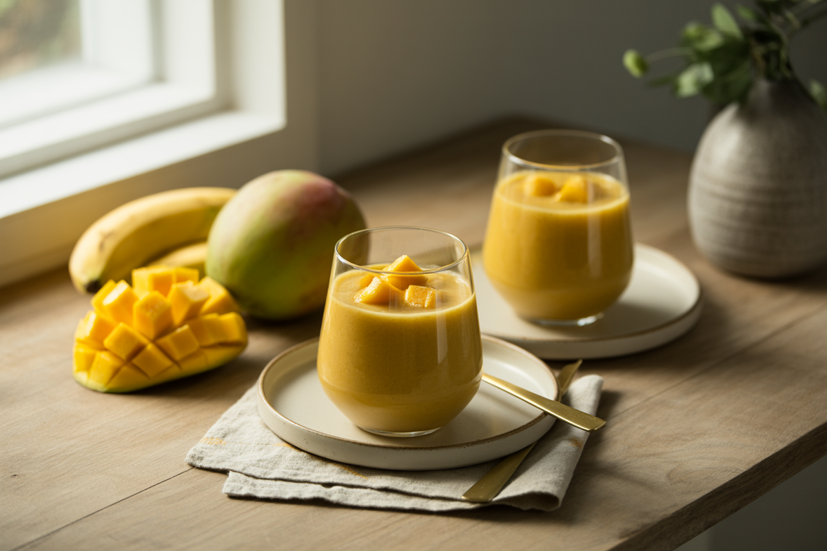 Two glasses of banana mango smoothie with fresh mango and bananas