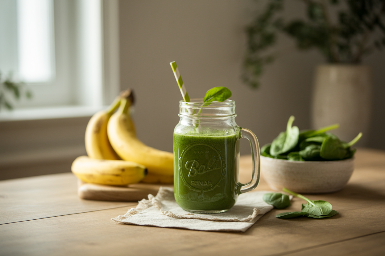 Banana spinach smoothie in a mason jar with bananas and spinach