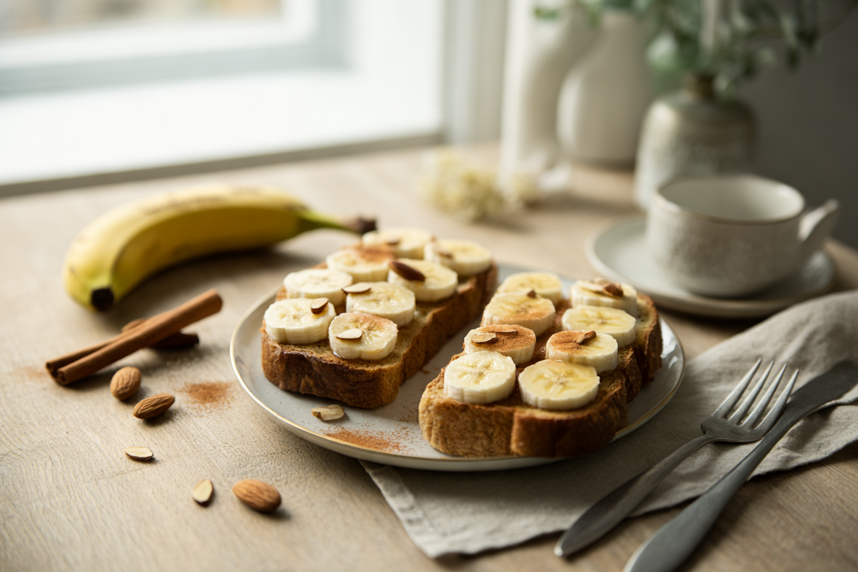 Banana toast with chopped almonds and cinnamon