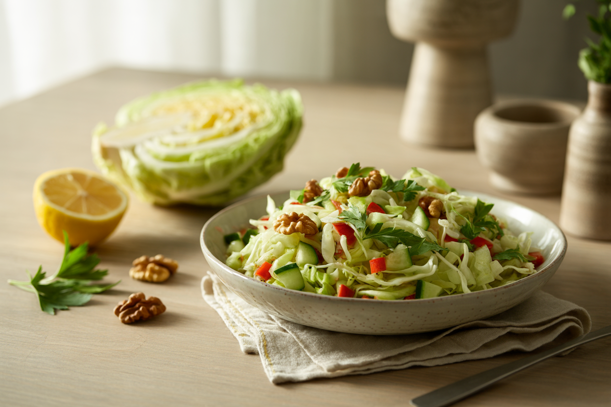 Cabbage walnut salad with red pepper, cucumber and parsley