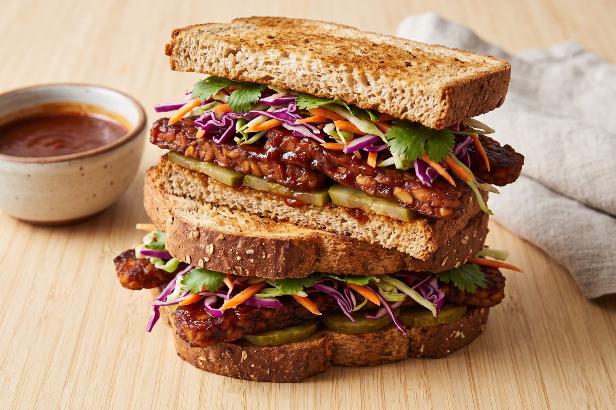 Barbeque tempeh sandwich with purple cabbage slaw on whole grain bread