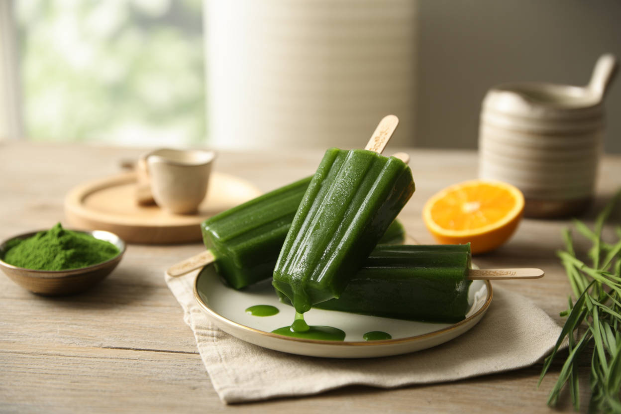Homemade green BarleyMax Berry popsicles on a plate with a fresh orange