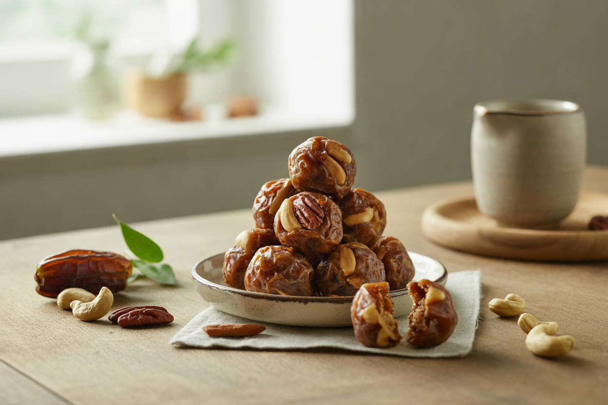 Raw date and nut balls made with cashews, pecans and dates