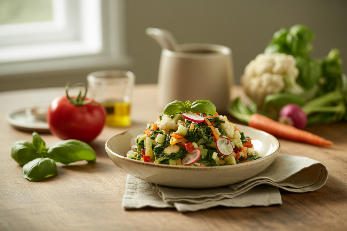 Basil micro-chopped salad of spinach, carrot, cauliflower, red pepper and tomato
