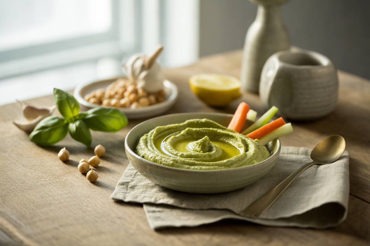 Basil pesto hummus with vegetable sticks