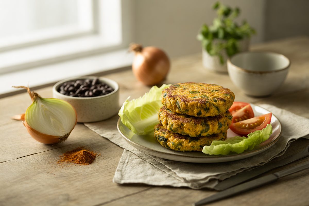 Crispy black bean and brown rice burger patties with a cornmeal crust