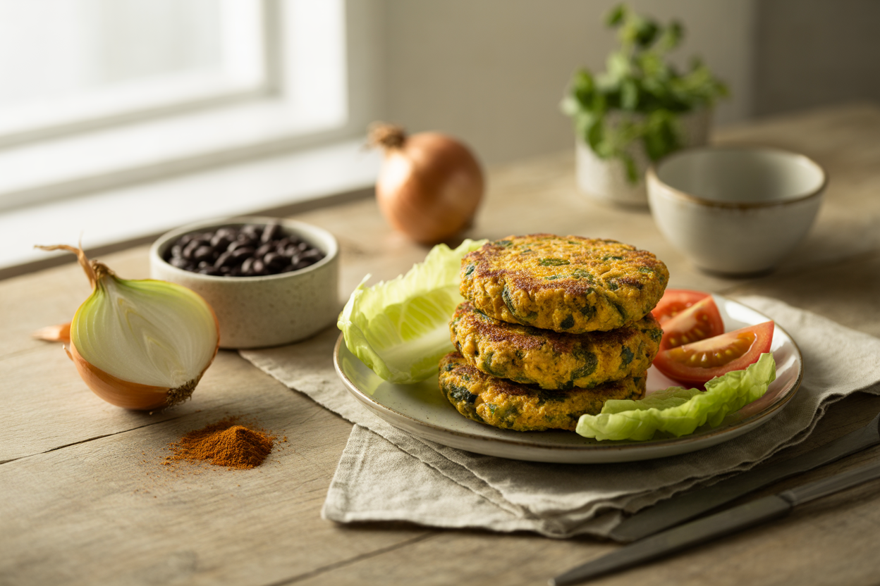 Crispy black bean and brown rice burger patties with a cornmeal crust
