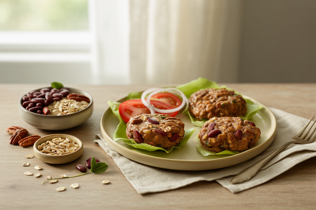 Bean burgers made with kidney beans, pecans and oats on lettuce