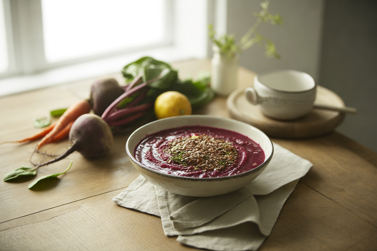Blended beet salad with carrots, spinach and flax seeds