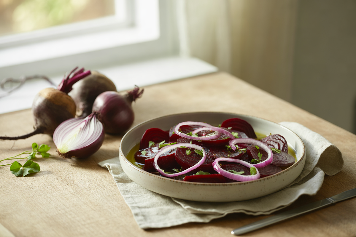 Beet salad with red onion and rice vinegar dressing