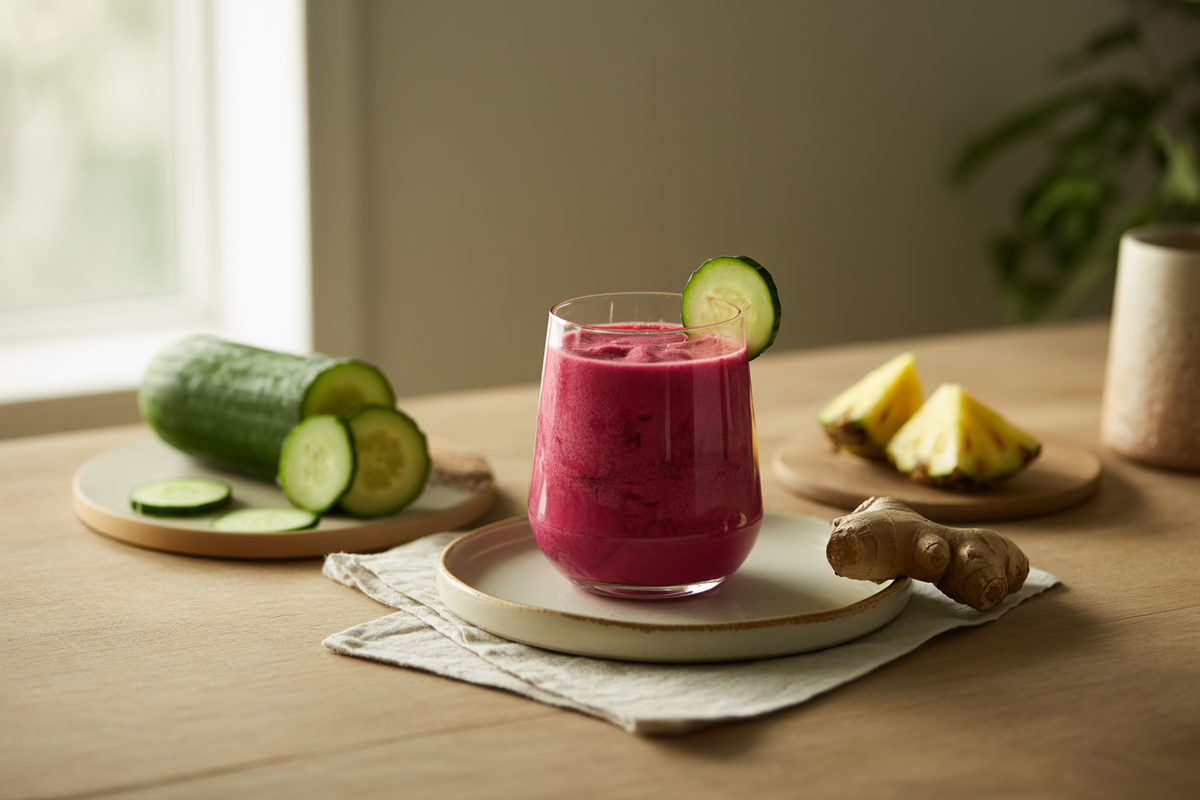 Pink beet smoothie with cucumber, pineapple and fresh ginger