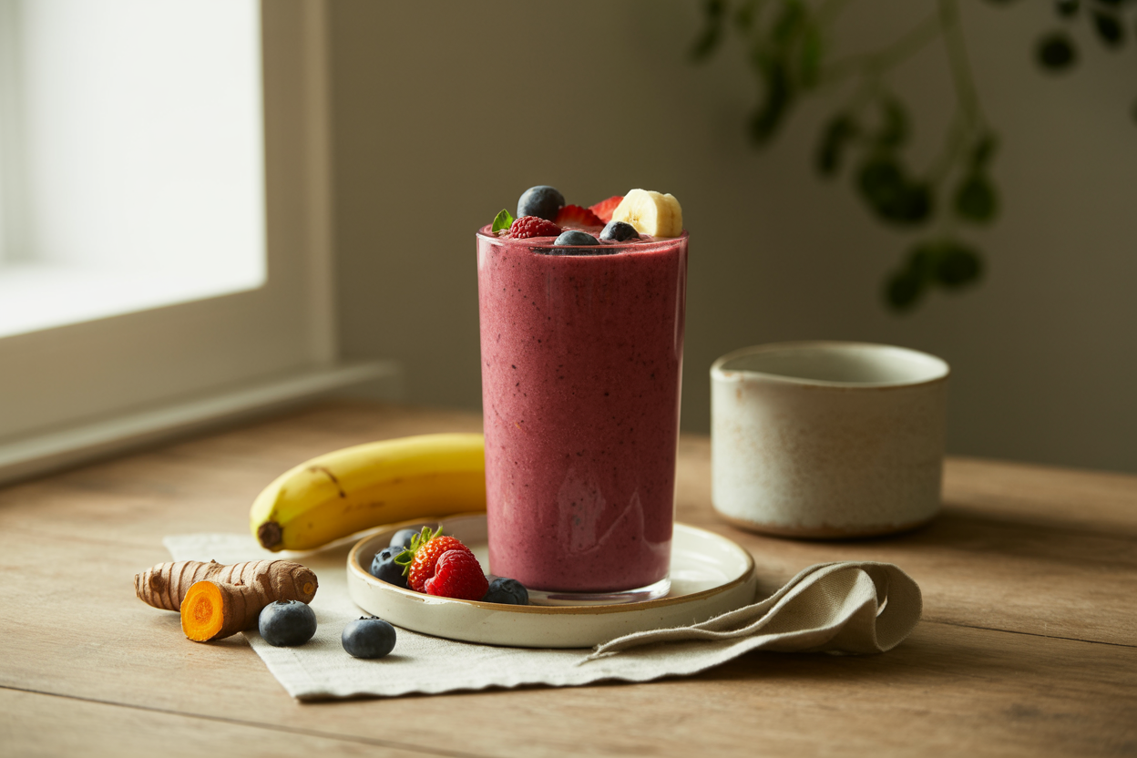 Berry turmeric smoothie with blueberries, raspberries and strawberries