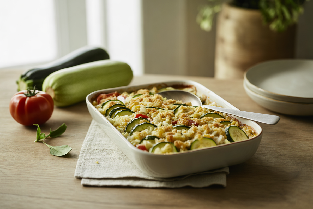Zucchini casserole with tomatoes, rice and breadcrumb topping