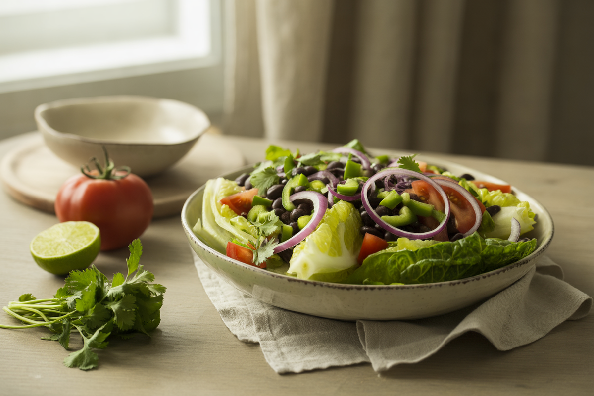 Black bean salad with romaine, tomatoes, peppers and lime cilantro vinaigrette