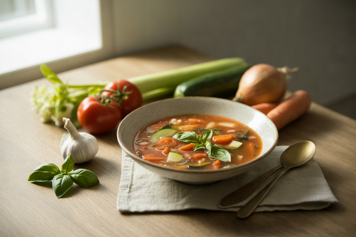 Tomato vegetable soup with celery, carrot, zucchini and basil