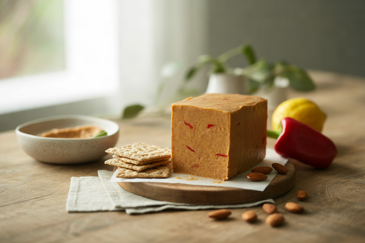 Better than cheddar vegan almond cheese on a board