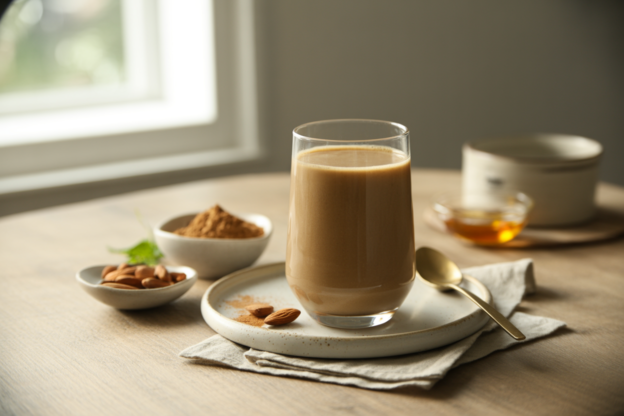 Carob almond milk drink with carob powder and honey