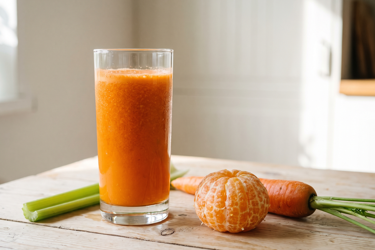 Glass of fresh tangerine vegetable juice with whole tangerines, carrot and celery