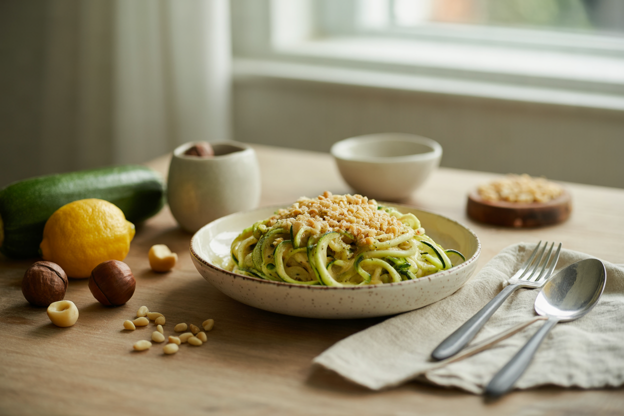 Vegan nut-based parmesan over zucchini noodles