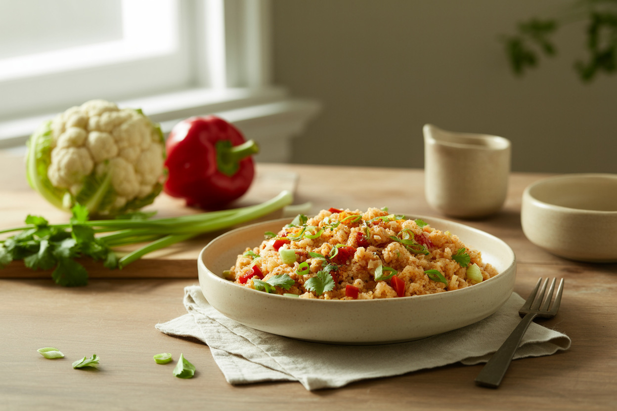 Better than Spanish rice made with riced cauliflower, red pepper, tomato and cilantro