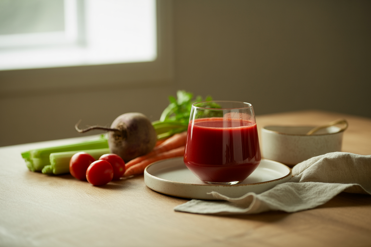 Homemade vegetable juice with tomato, carrot, beet and celery