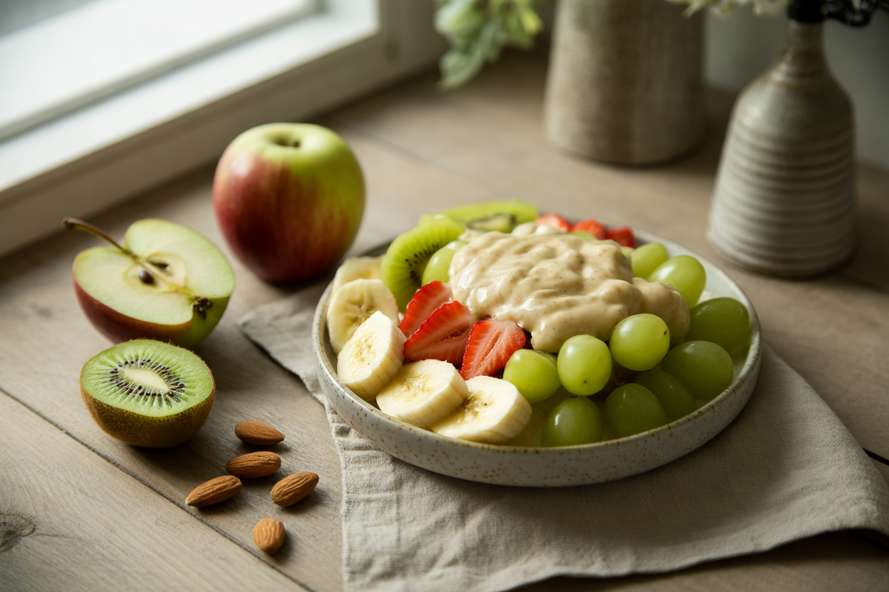 Raw fruit salad with banana, grapes, kiwi and strawberries under a fluffy apple almond sauce