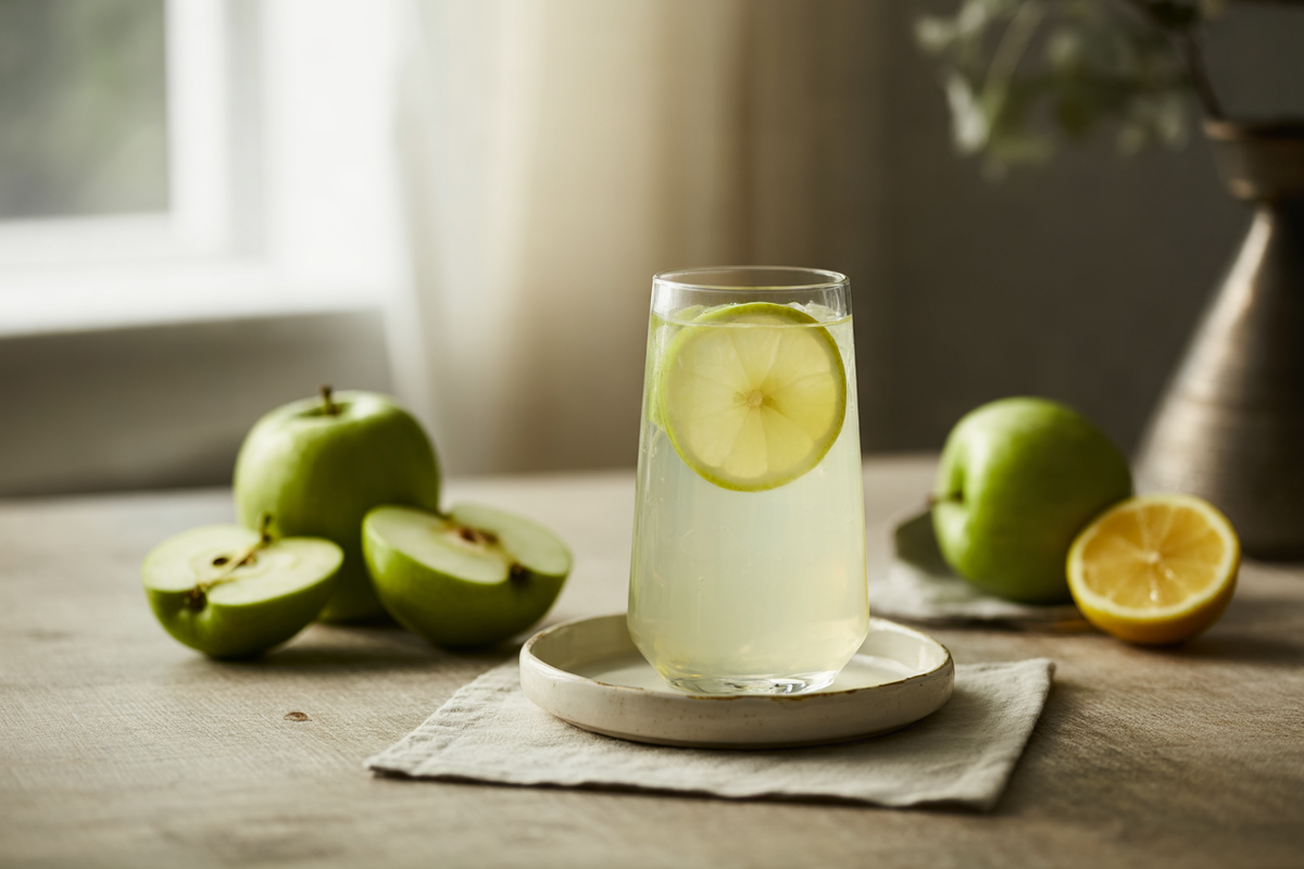 Green apple lemonade over ice with lemon