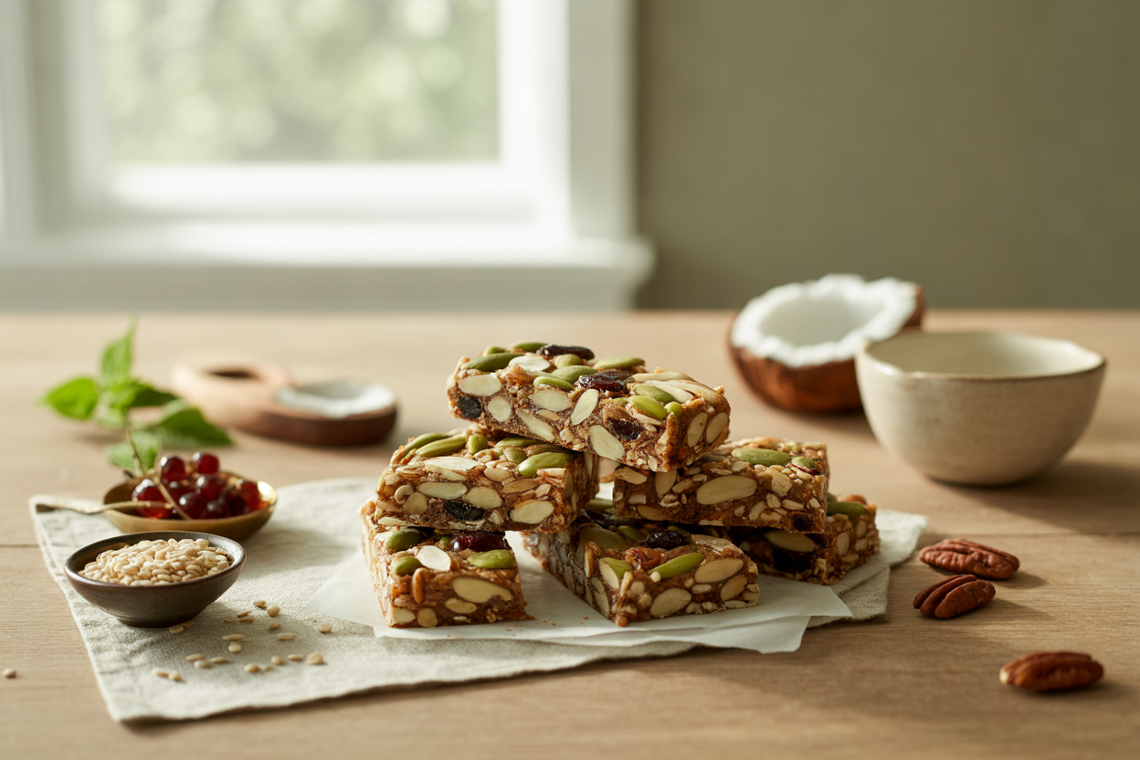 Sesame and sunflower seed bars with nuts, currants and carob chips