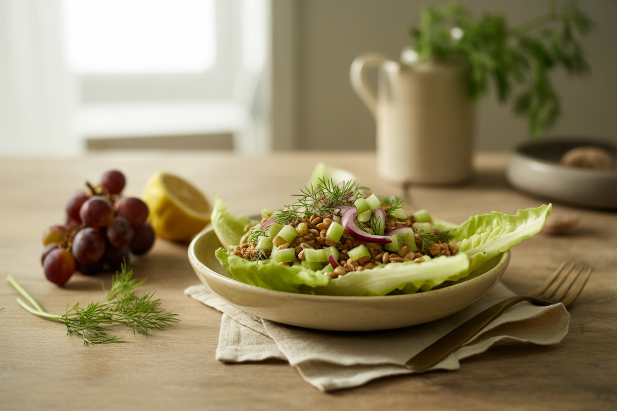 Sunflower seed not-tuna salad with celery, red grapes, red onion and dill