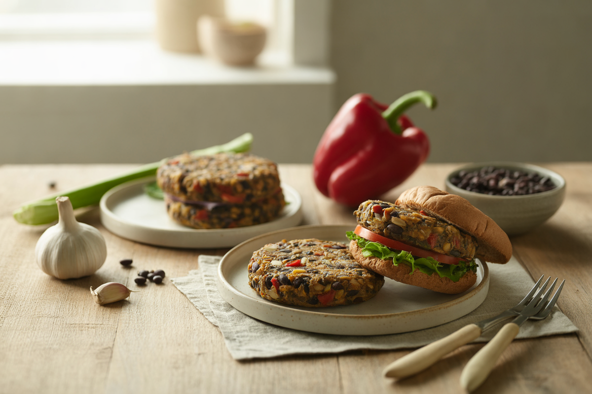 Homemade black bean burgers with red pepper and brown rice on a whole wheat bun