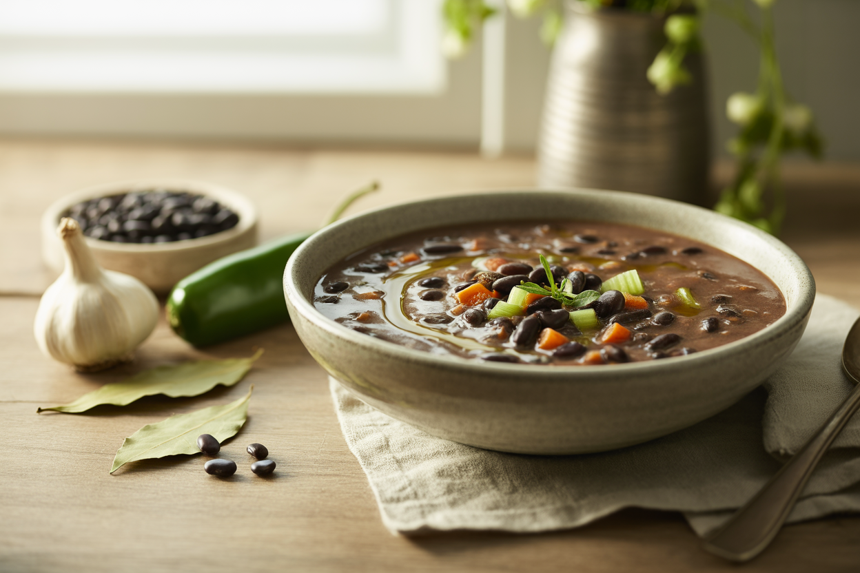 Bowl of spicy black bean soup with carrots, celery and a jalapeno