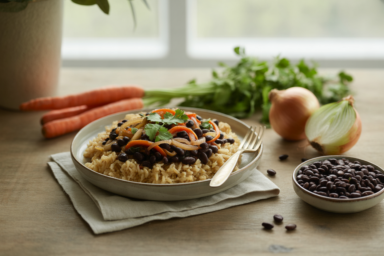 Black beans and brown rice with carrots