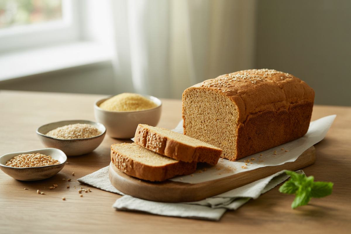 Loaf of blender bread made with brown rice, millet and cornmeal, sliced