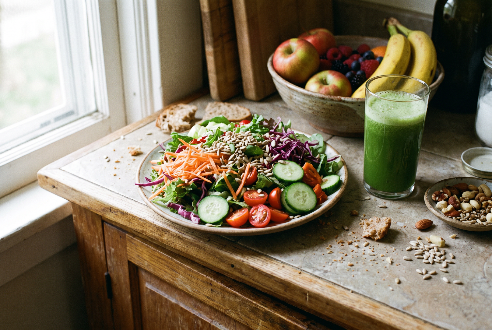 A large raw salad piled with mixed greens, shredded carrot, red cabbage, cucumber and sunflower seeds on a kitchen counter, beside a tall glass of fresh green juice and a bowl of fruit.