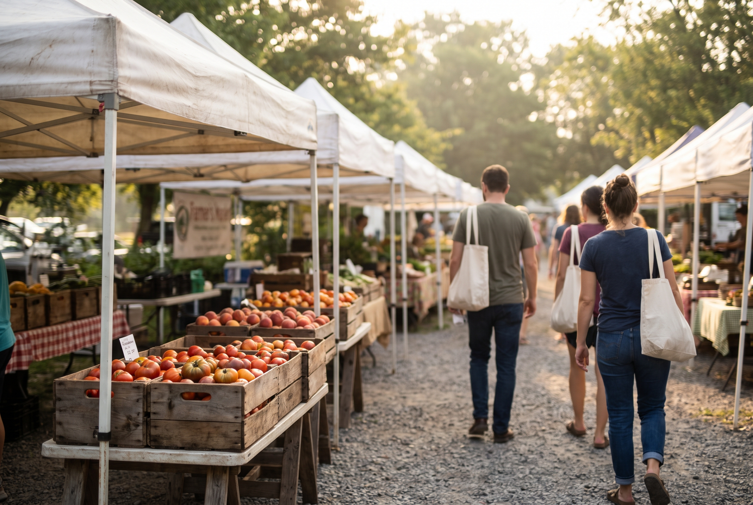 Late summer farmer's market in early morning light with crates of fresh produce.