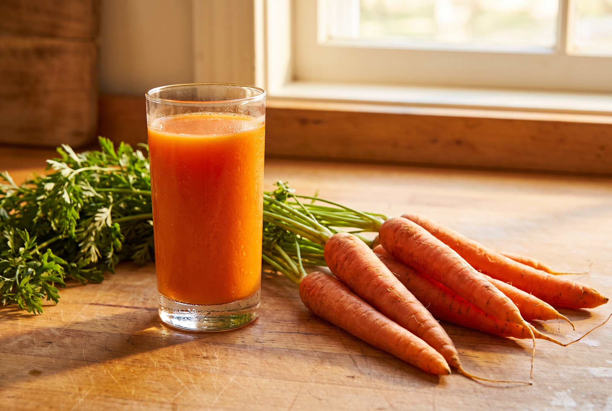 A glass of fresh carrot juice beside whole carrots with their tops.