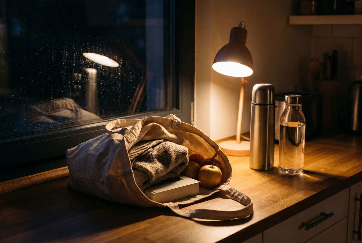 A tote bag packed on a kitchen counter the night before treatment.