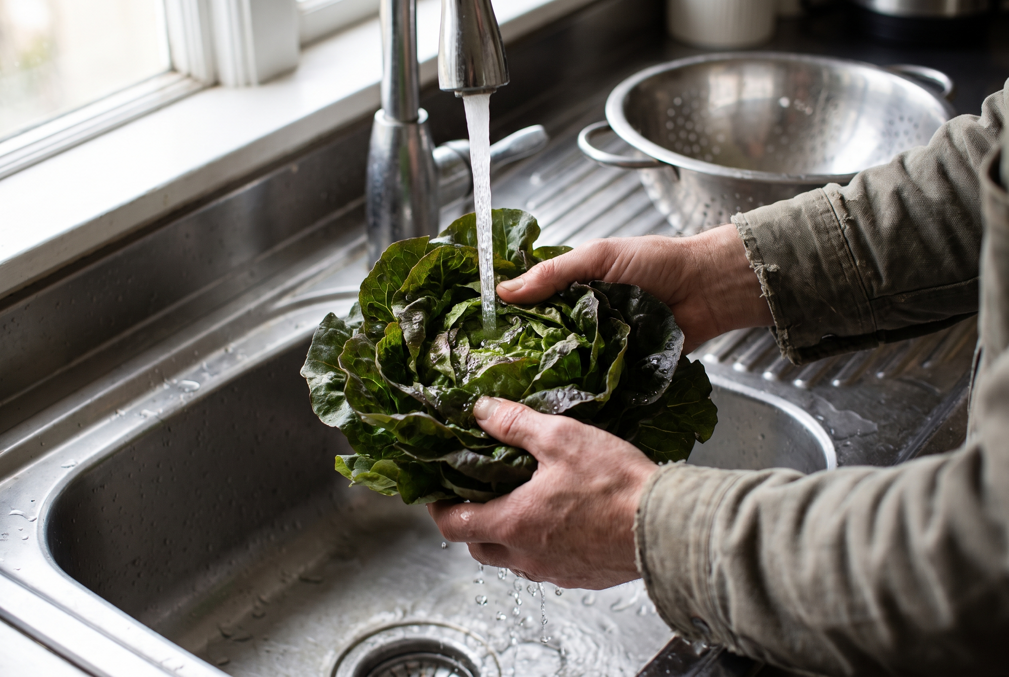 Hands washing fresh lettuce under running water at the sink.