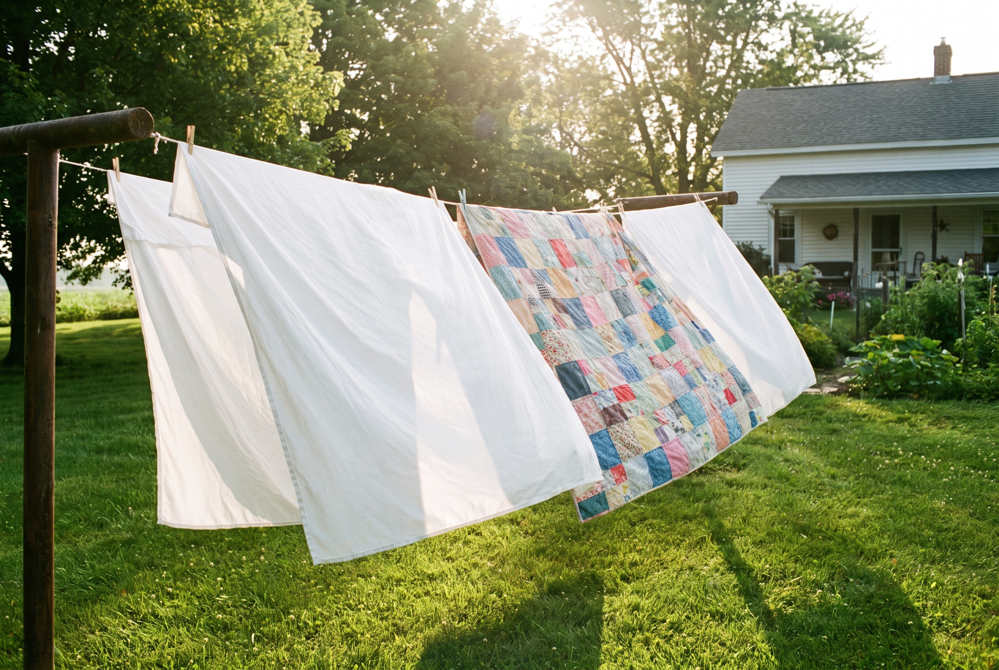 White bedsheets and a quilt drying on a clothesline in bright morning sunlight