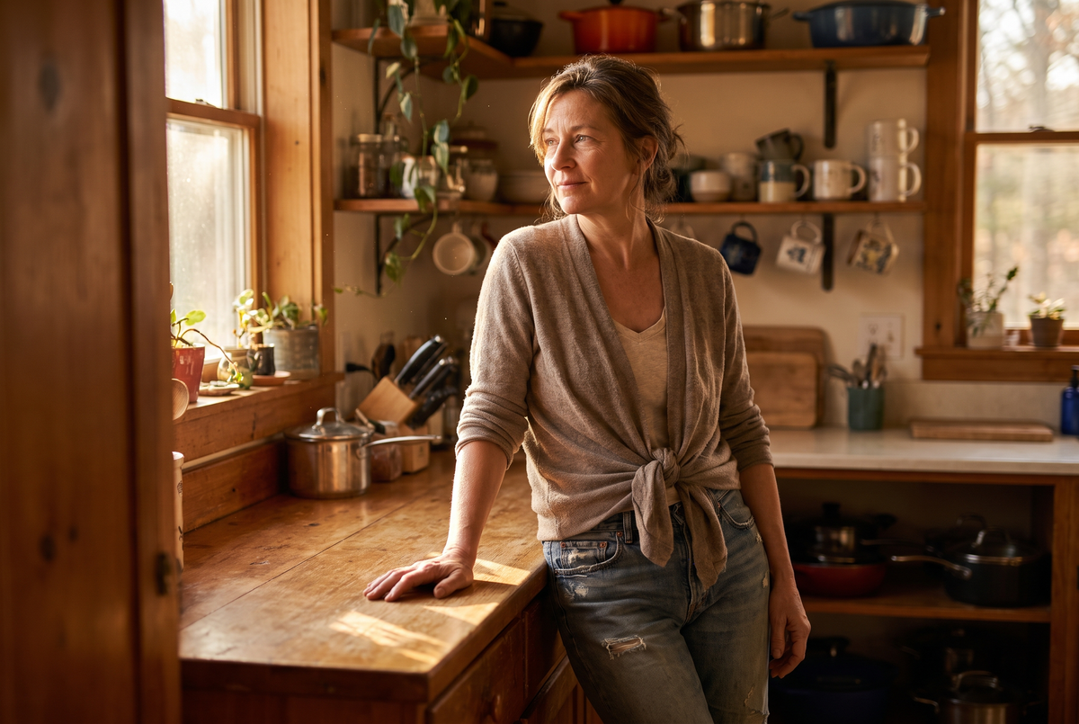 A woman in her fifties at a sunlit kitchen counter in late afternoon light