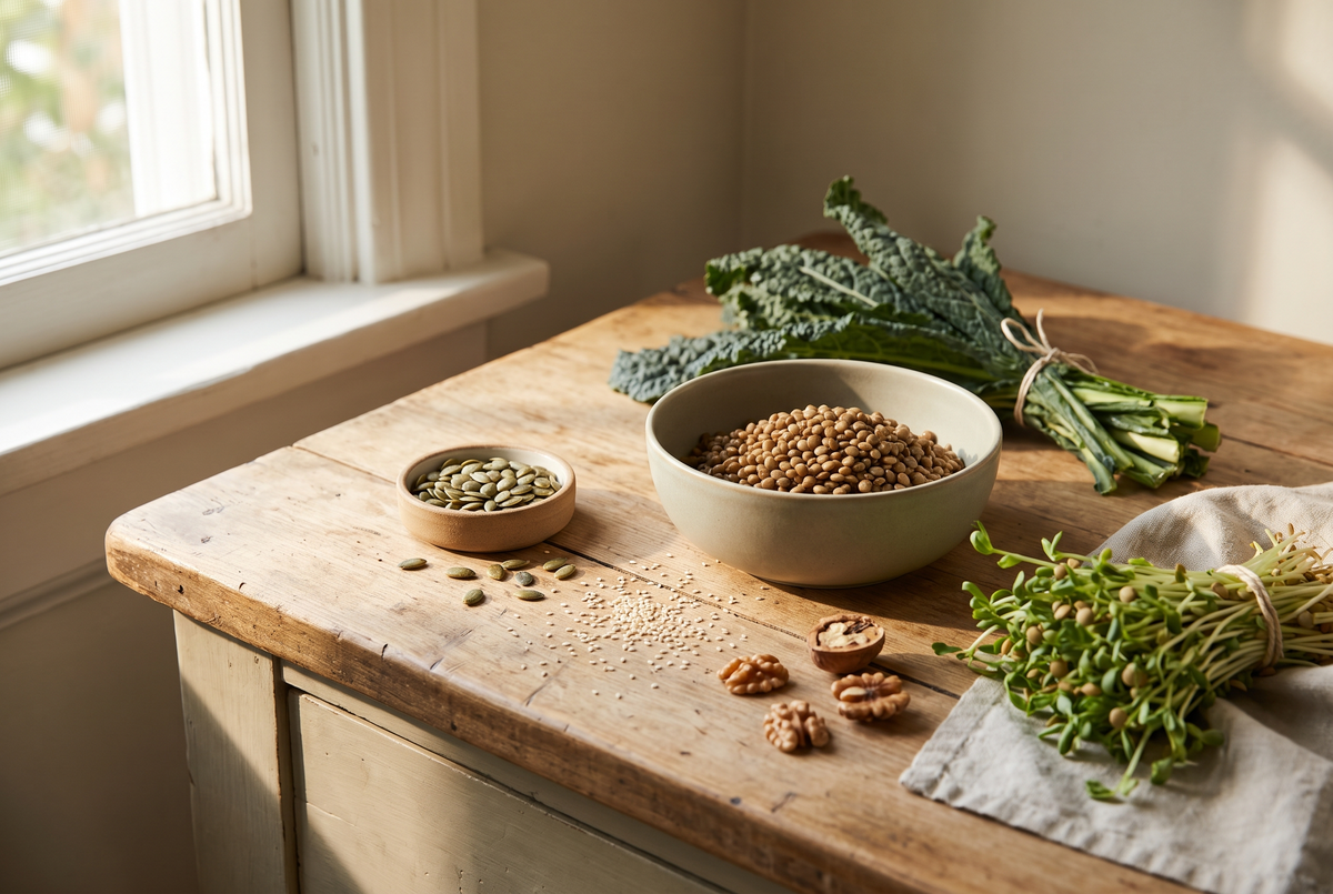 A bowl of cooked lentils, pumpkin and sesame seeds, walnut halves, dark leafy greens and lentil sprouts on a wooden kitchen counter in morning light.