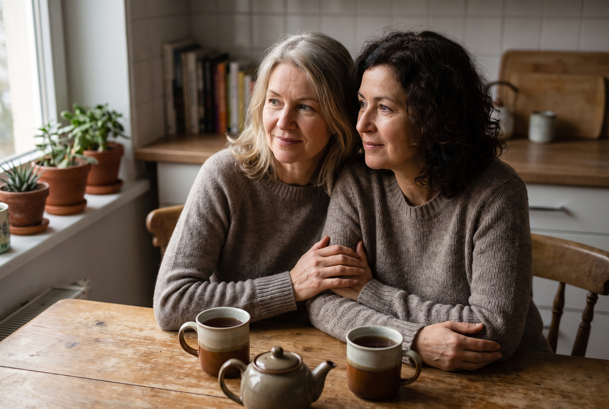 Two women sitting together at a kitchen table in morning light, one resting her hand on the other's arm