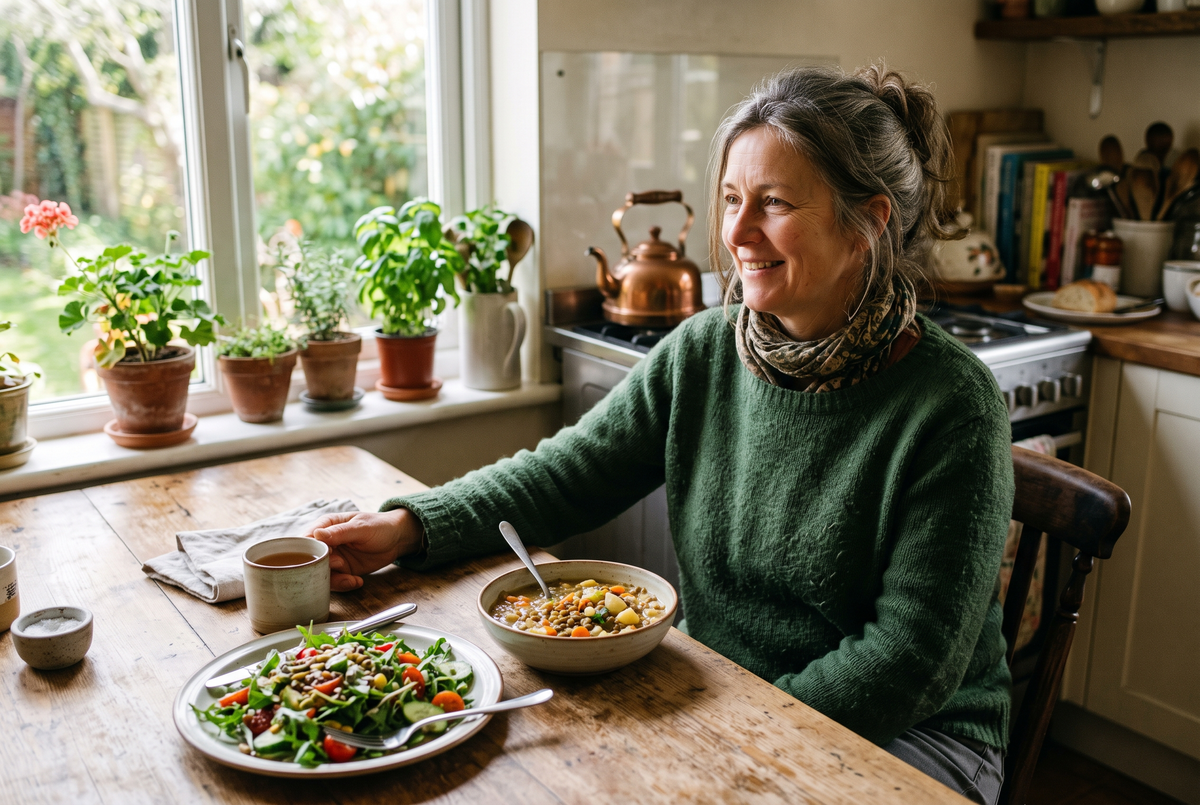 A woman eating a bowl of lentil soup and a salad slowly at a sunlit kitchen table