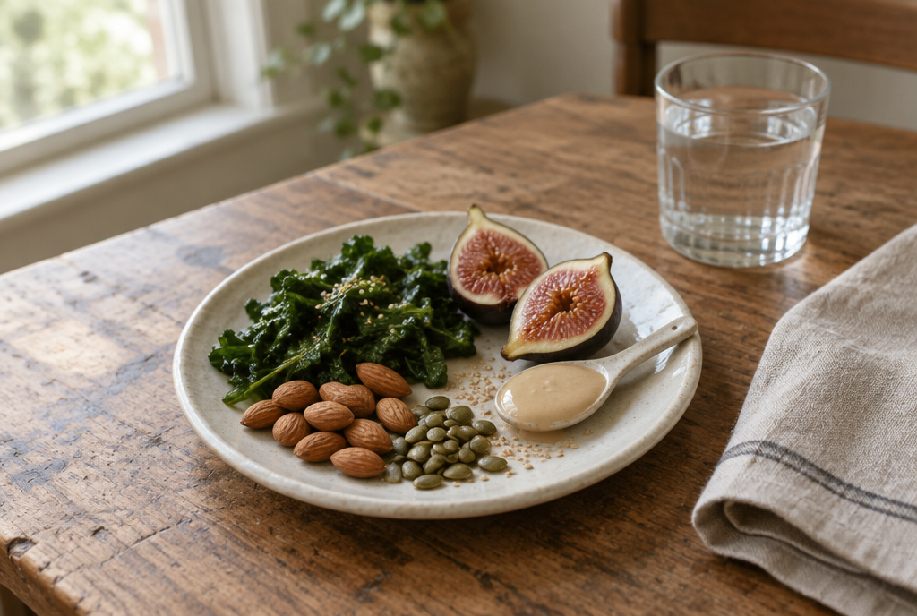 A small plate of dark leafy greens, almonds, halved figs and pumpkin seeds on a wooden kitchen table in morning light.