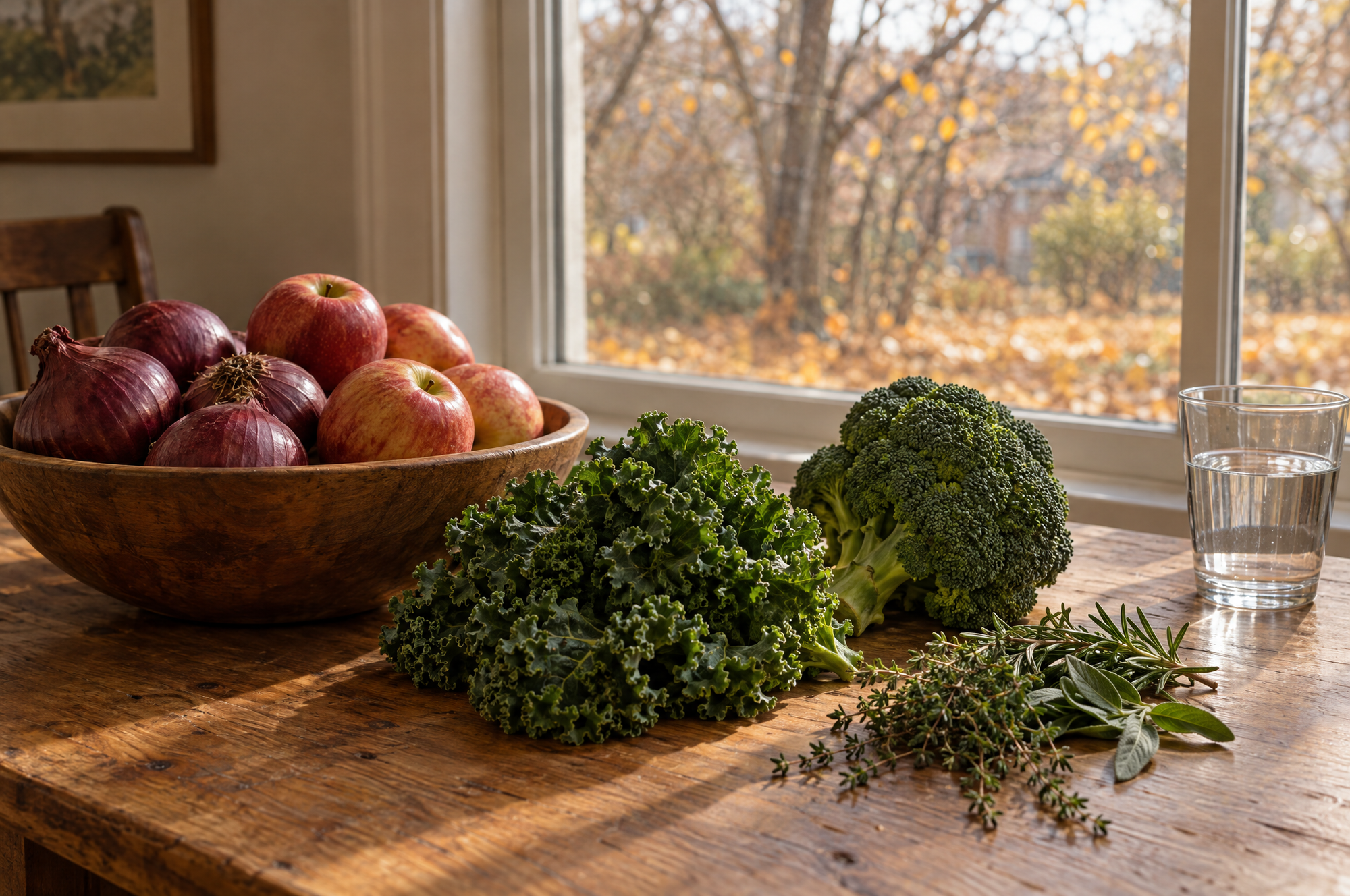 A wooden kitchen table by a window on a late October morning, holding a bowl of red onions and apples, kale, broccoli and a glass of water, with fallen leaves visible outside.
