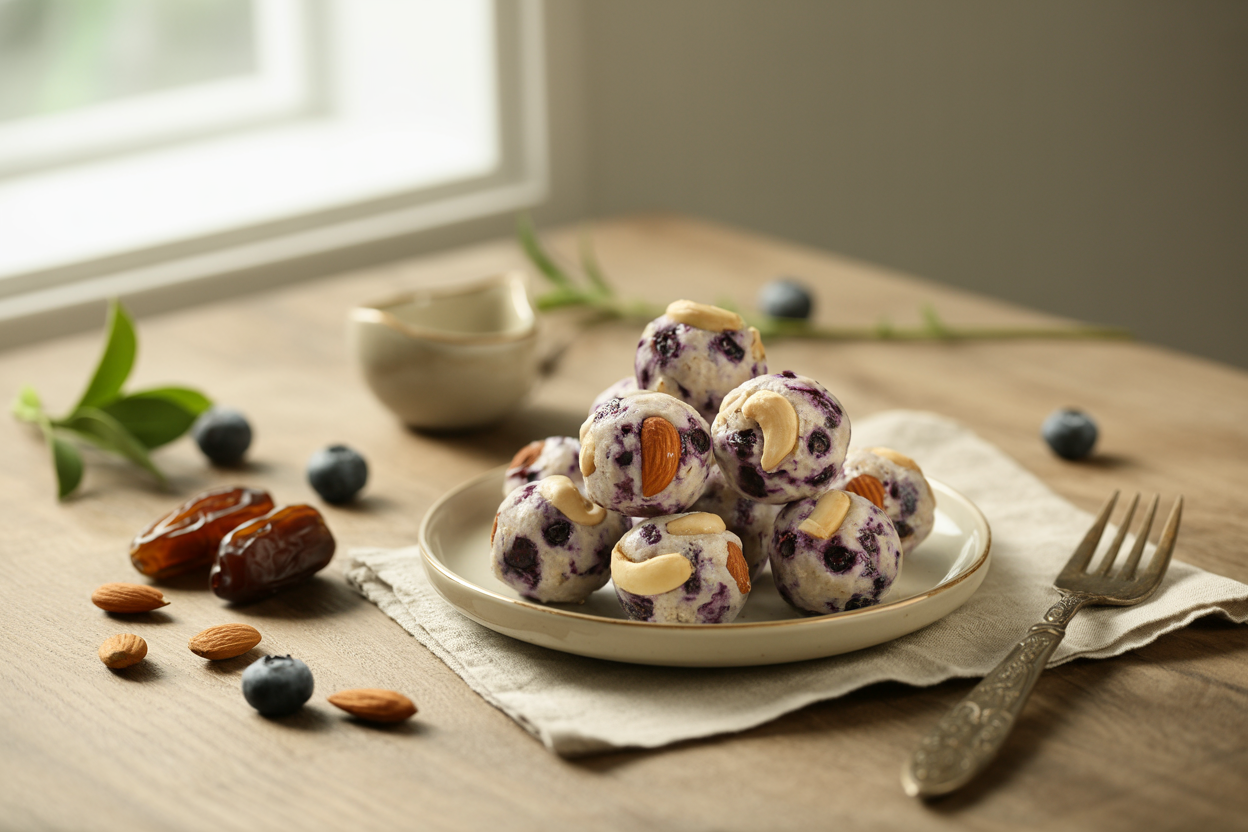 Blueberry nut balls made with blueberries, almonds, cashews and dates