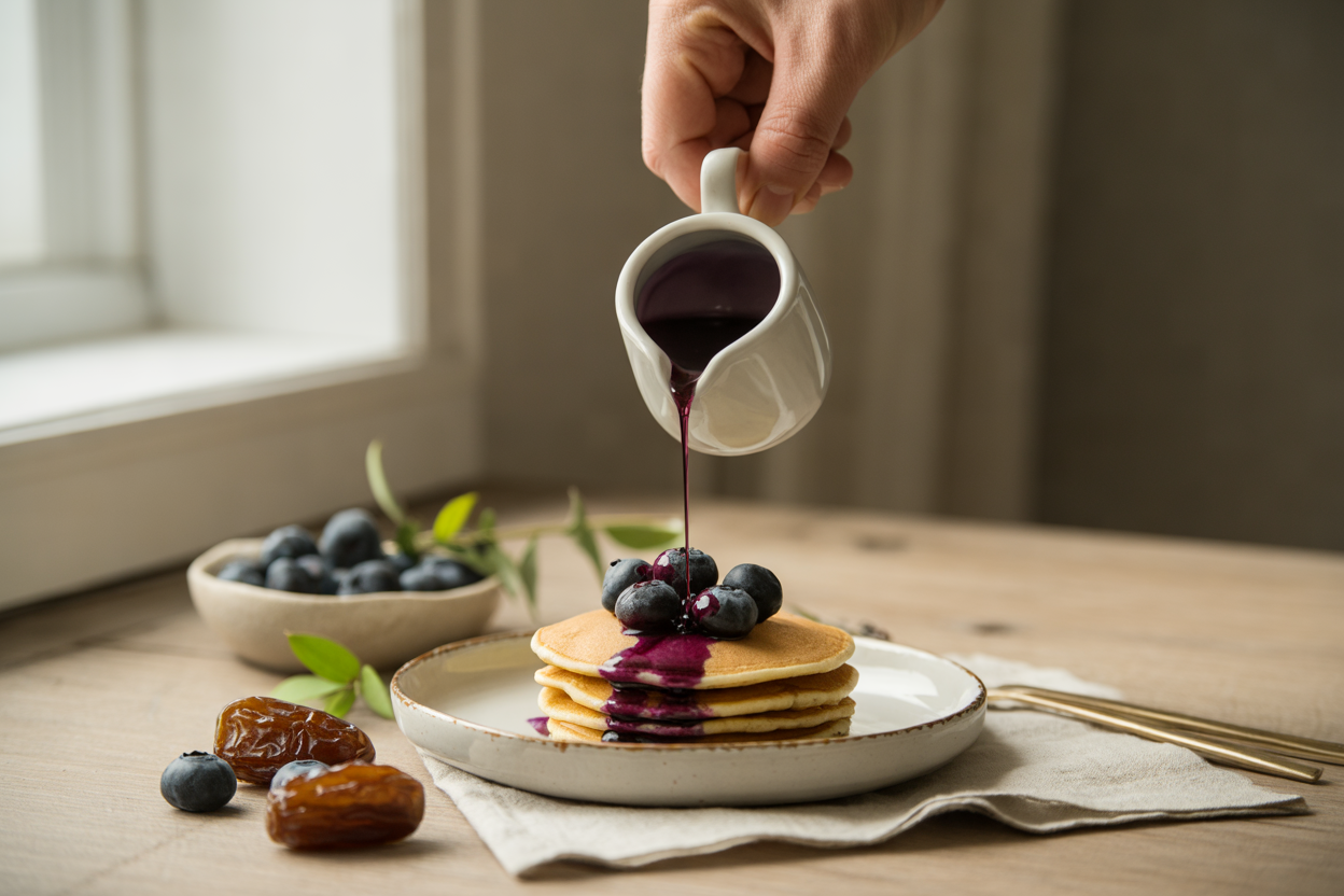 Blueberry pancake syrup poured over pancakes