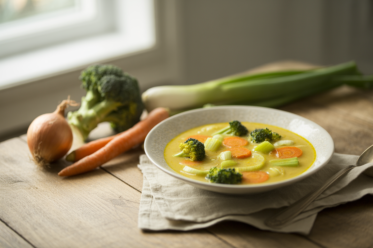 Booster soup with broccoli, carrots and onion in a turmeric curry broth