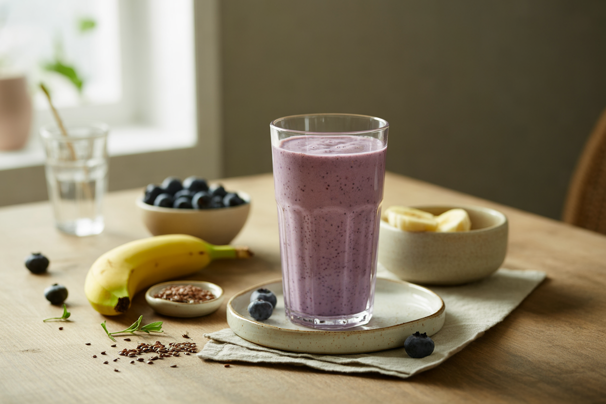 Blueberry banana brain power smoothie with flax seed